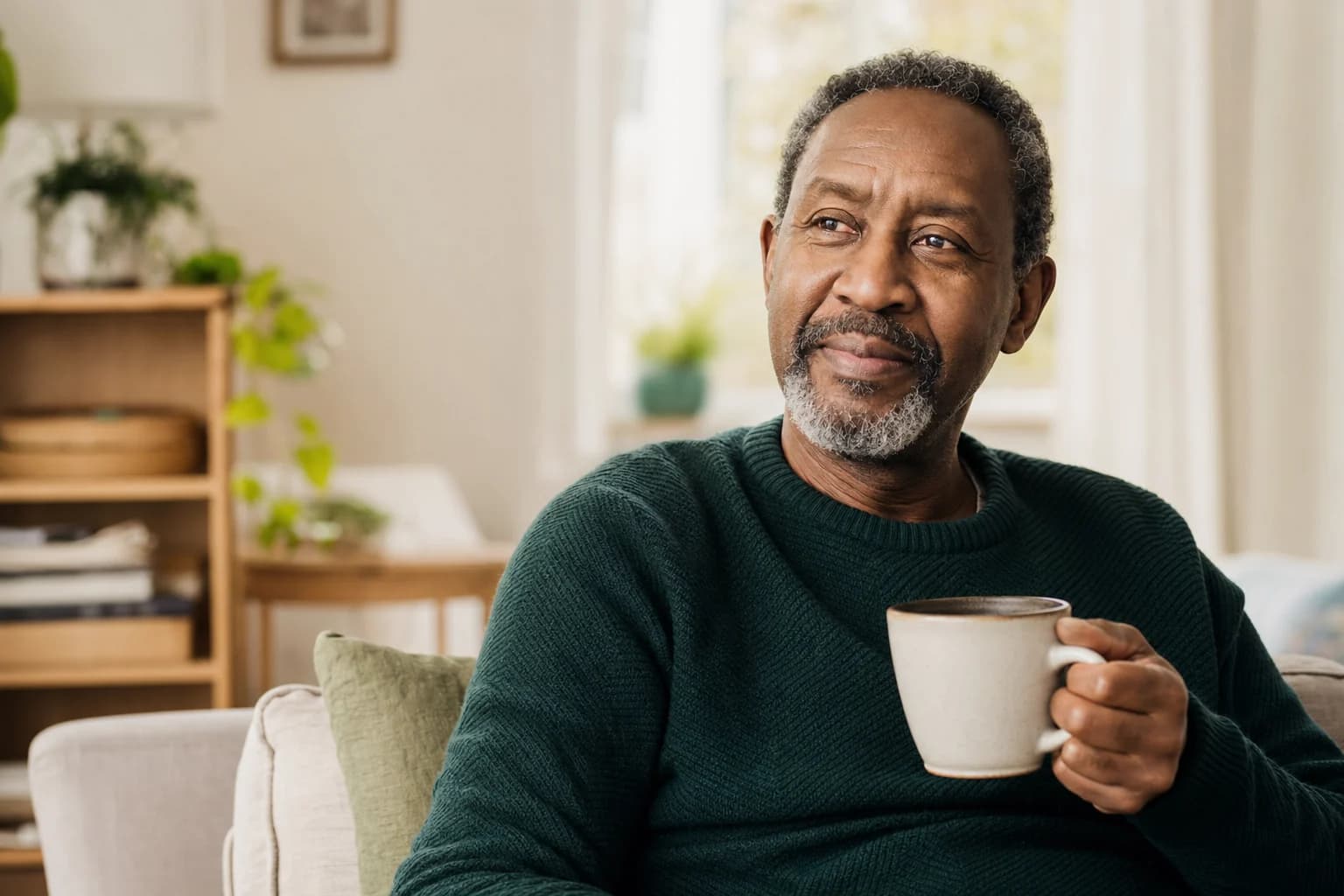 A Black man relaxing with a mug in a warmly lit living room