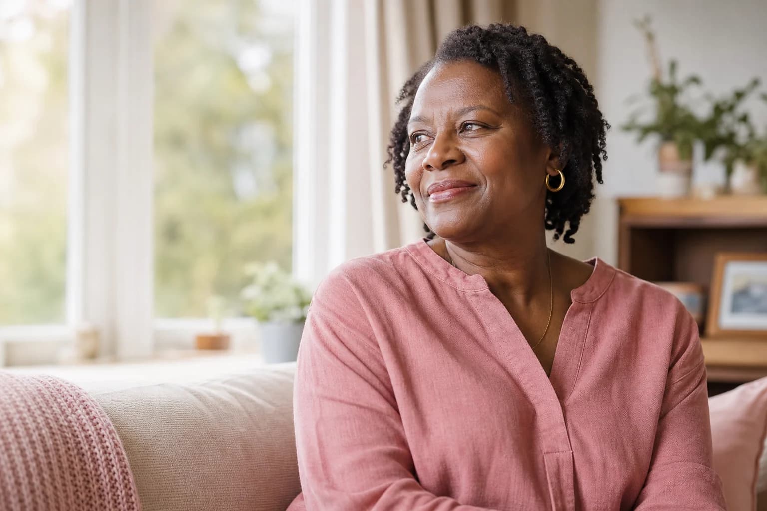 A Black woman relaxing at home in warm daylight