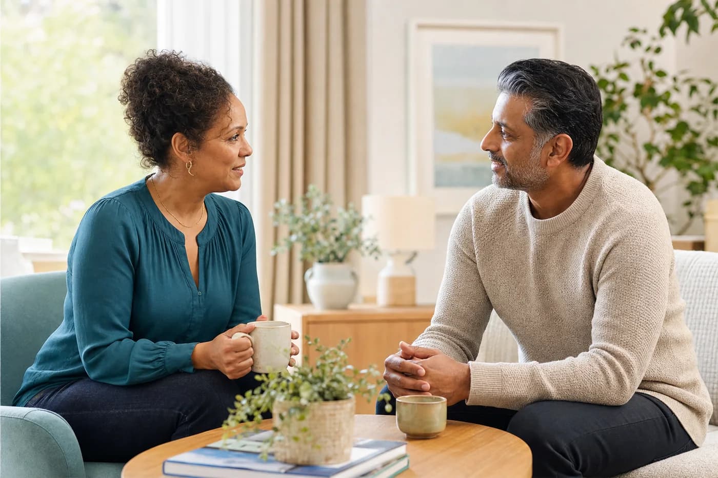 Two adults having a friendly conversation in a warm home setting
