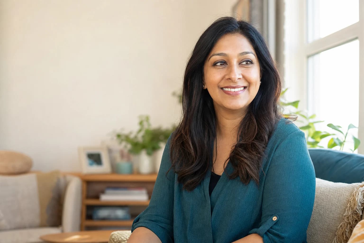 An Asian woman smiling confidently in a bright modern home