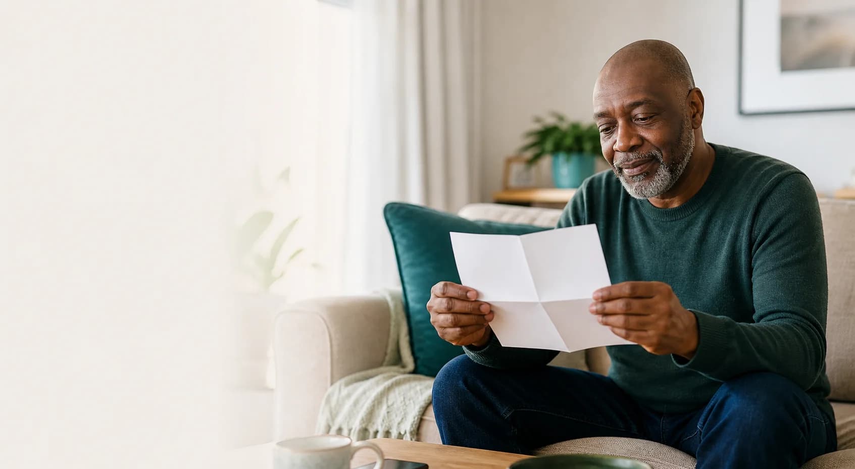 A Black man reading home test instructions in a warmly lit living room