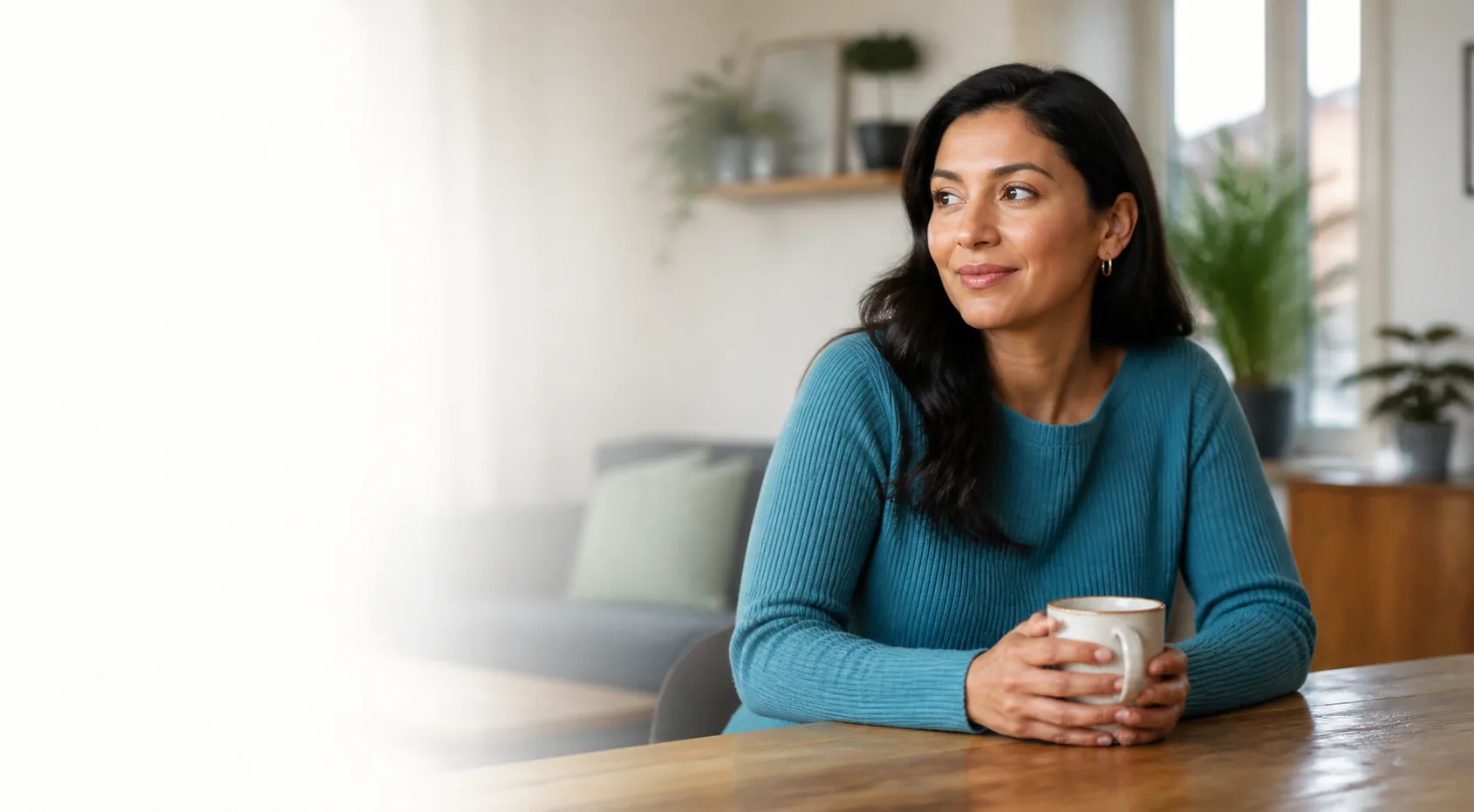An Asian woman holding a mug in a bright, warmly lit home