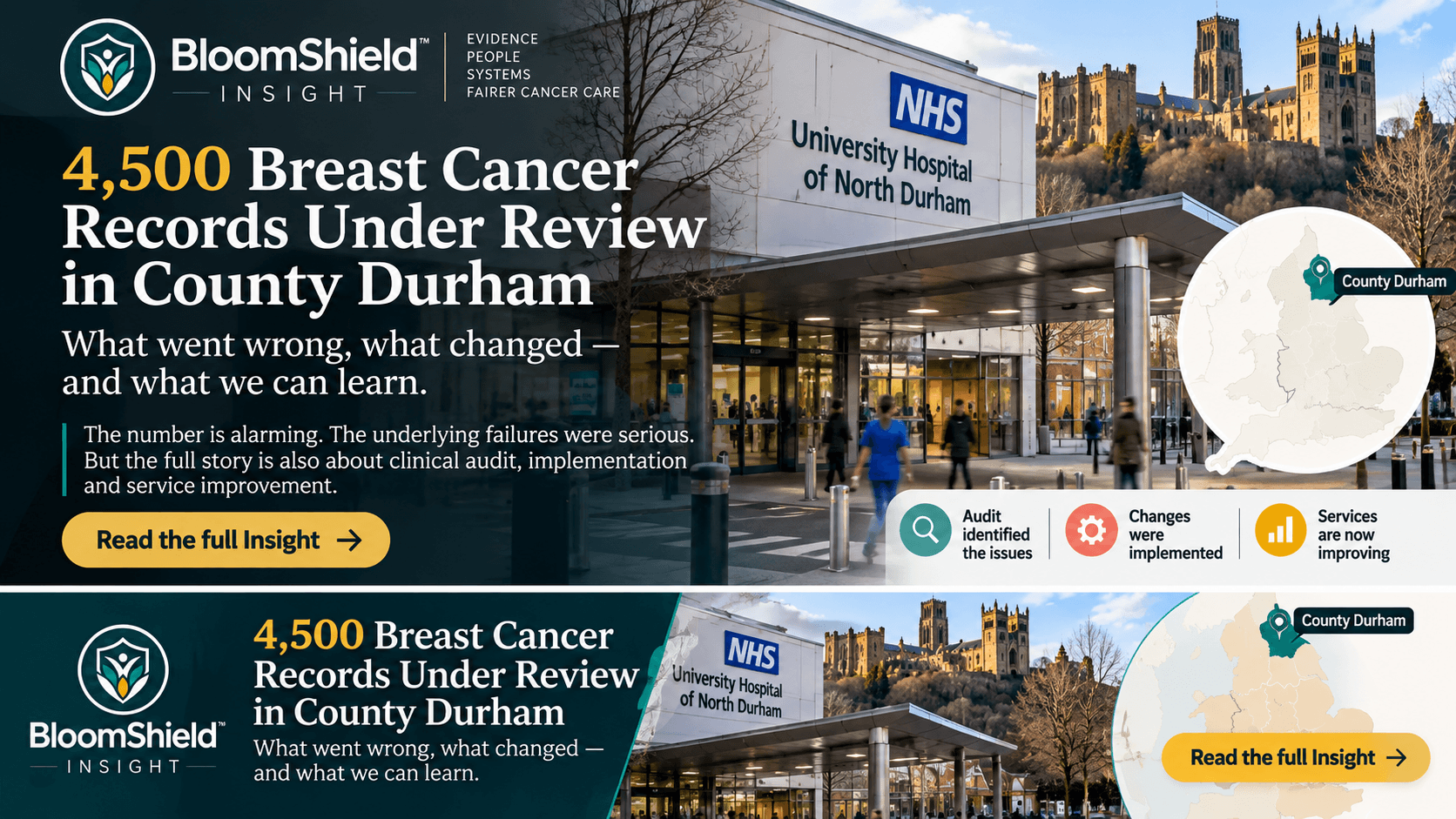 BloomShield Insight graphic about the County Durham breast services review, showing University Hospital of North Durham and Durham Cathedral.