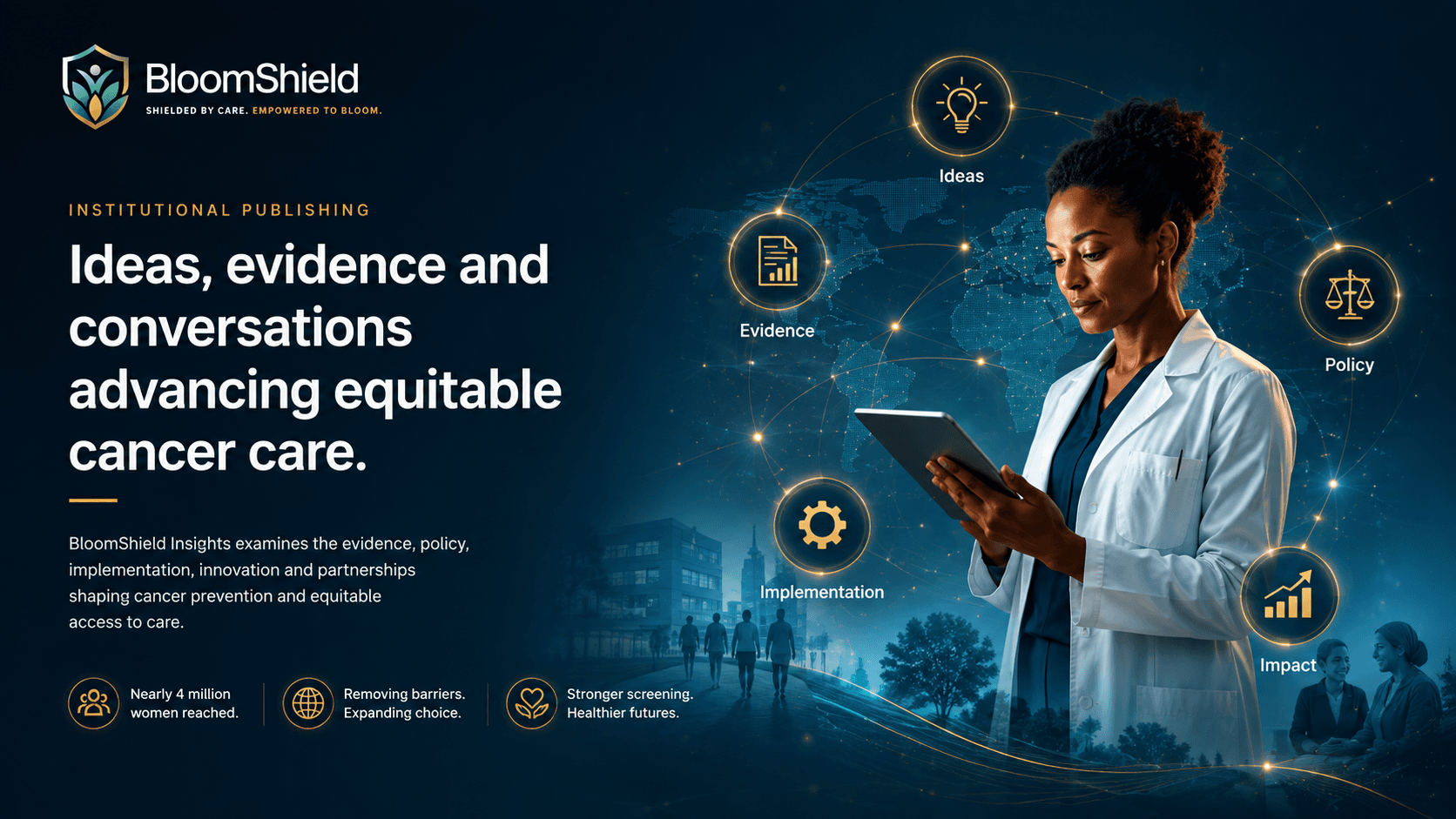 BloomShield Insights institutional publishing masthead: Ideas, evidence and conversations advancing equitable cancer care, with the themes Ideas, Evidence, Policy, Implementation and Impact.