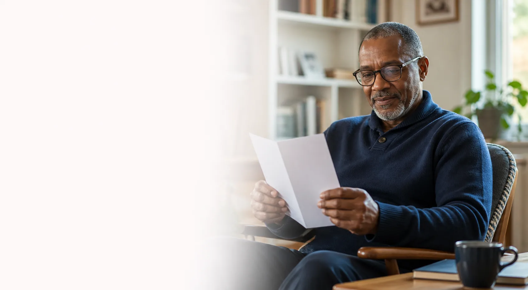 A Black man reading plain health information in a warm home setting