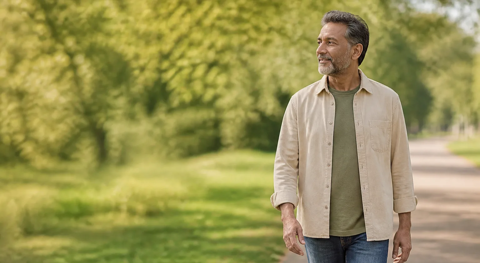 A South Asian man taking a relaxed walk along a leafy park path