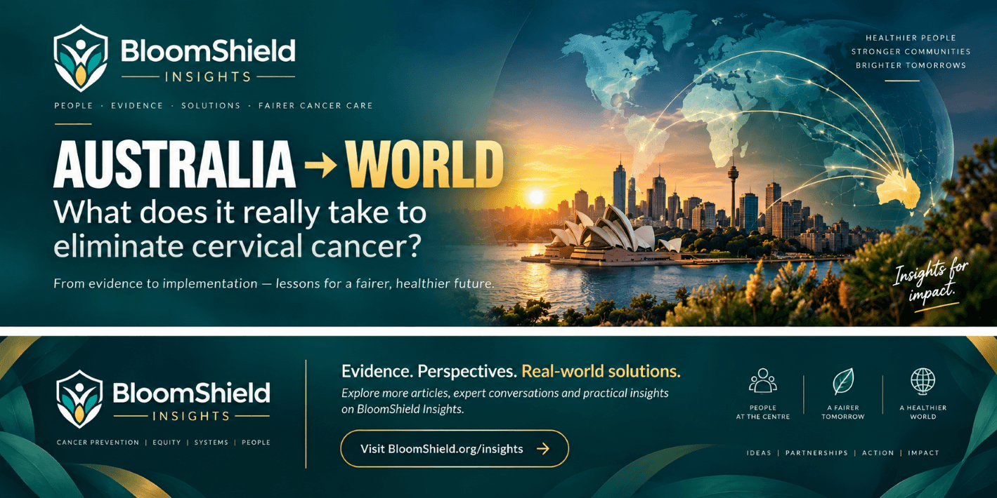 BloomShield Insights Australia to World graphic exploring what it takes to eliminate cervical cancer, featuring Sydney and a connected world map.