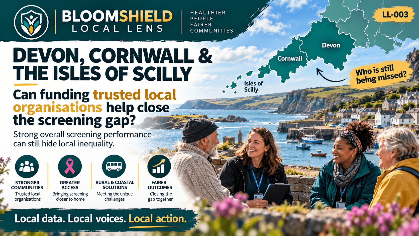 BloomShield Local Lens LL-003: Devon, Cornwall and the Isles of Scilly map, screening gap headline, coastal community members and Local data. Local voices. Local action. branding.
