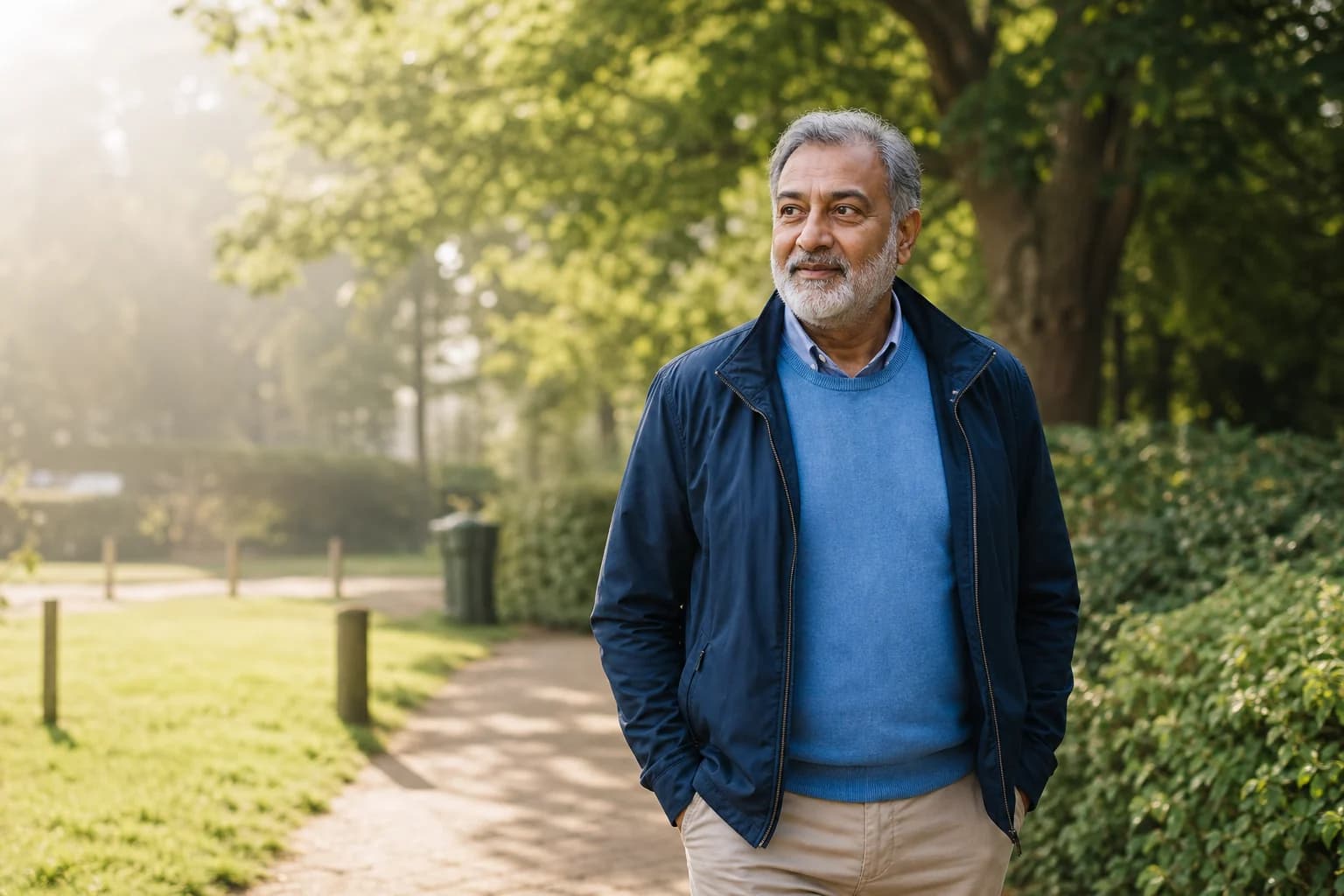 A South Asian man walking comfortably along a leafy park path