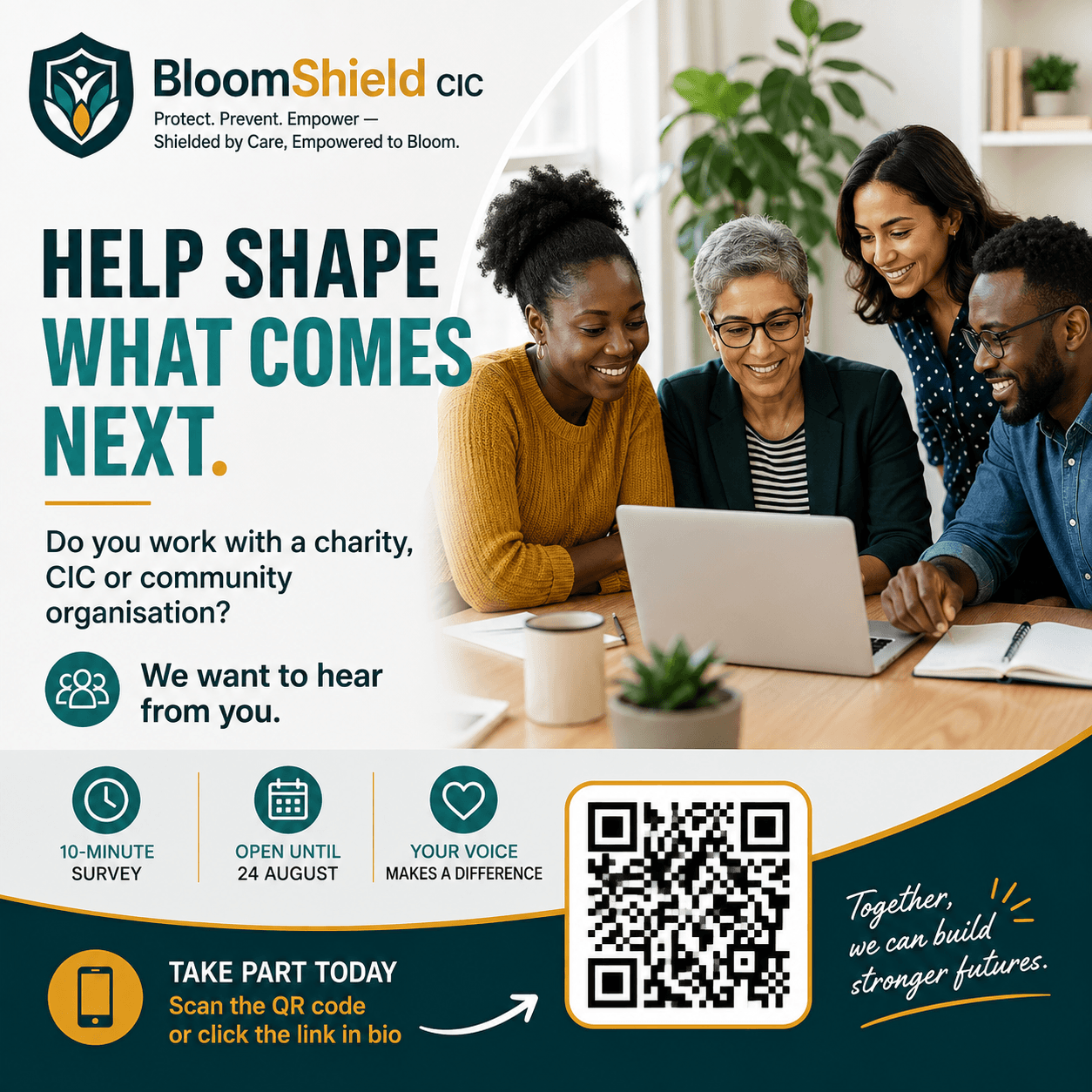 BloomShield campaign poster inviting charity, CIC and community-organisation workers to take part in the 10-minute study by 24 August.