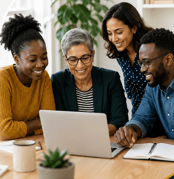 A diverse group of community-sector colleagues collaborating around a laptop.